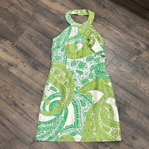 SARA CAMPBELL 100% Silk Dress Made In USA Size 8 Green, Lime Green & White